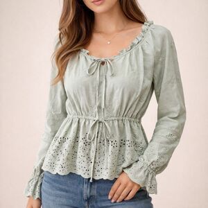 ✨ On Twelfth Sage Eyelet Tie-Front Peplum Blouse Boho Cottagecore S 100% Cotton
